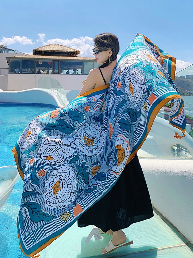 Summer Elegant Women Silk Scarf Beach Wrap Shawls Vintage Floral Print Lady Sunscreen Bandana Hijab Mujer Bohemian Scarve Pareo