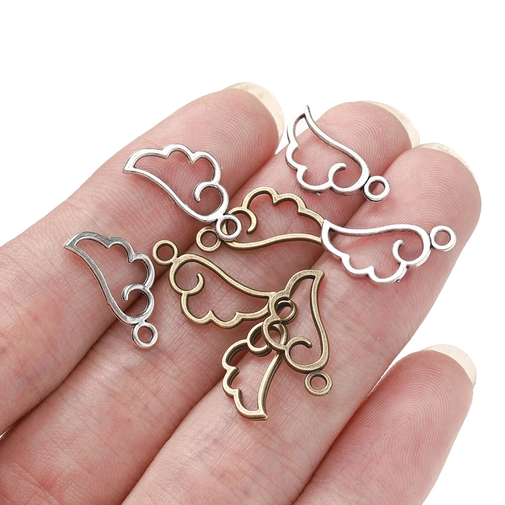 50pcs/lot 9*18mm Metal Alloy Three Color Pendants Mini Hollow Angel Wing Charms for Jewelry Making DIY Handmade Craft Supplies