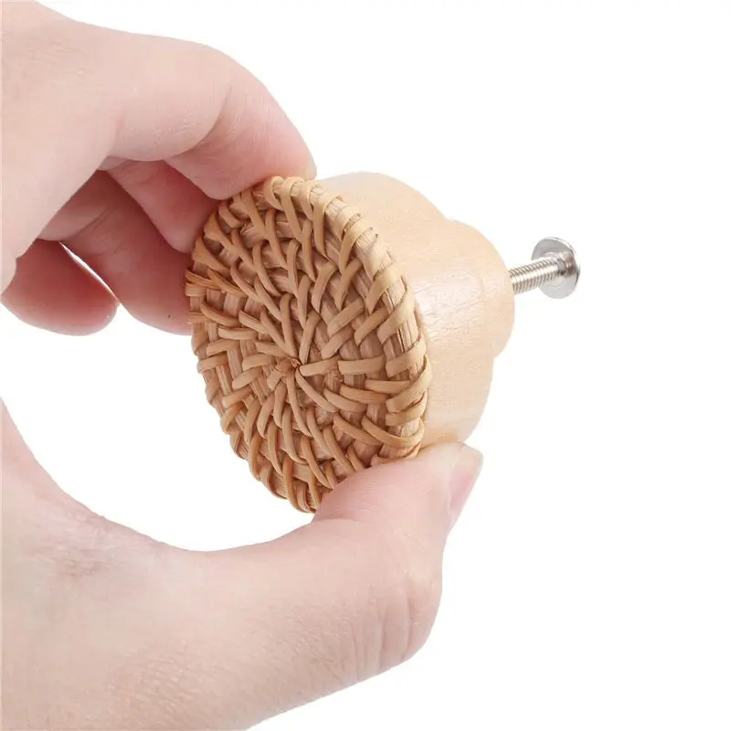 BMBY-Boho Rattan Dresser Knobs Round Wooden Drawer Knobs Handmade Wicker Woven And Screws For Boho Furniture Knobs