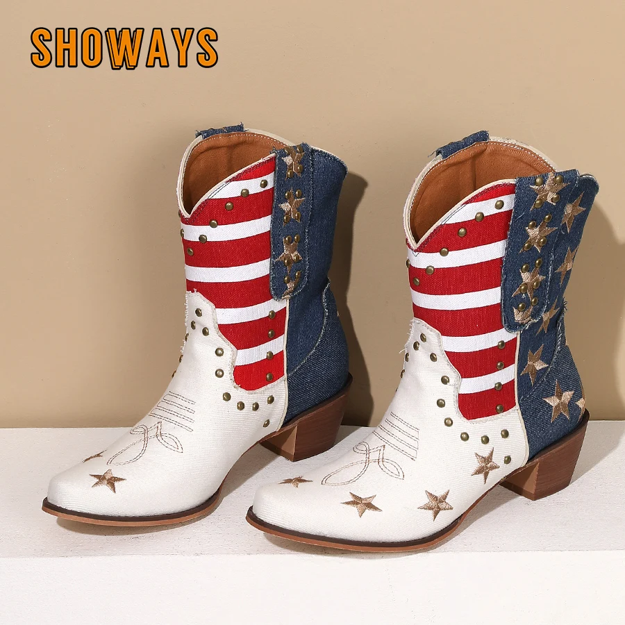 

Western Cowboy Ankle Boots for Women American Denim Star Rivet Warped Pointed Toe High Square Heels Cowgirl Vintage Short Boots
