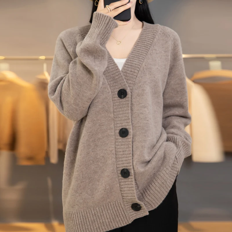 

Autumn Winter New V-neck 100% Wool Cardigan Sweater Women Long Sleeve Tops Solid Loose Oversized Casual Warm Female Knitted Coat