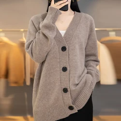Autumn Winter New V-neck 100% Wool Cardigan Sweater Women Long Sleeve Tops Solid Loose Oversized Casual Warm Female Knitted Coat