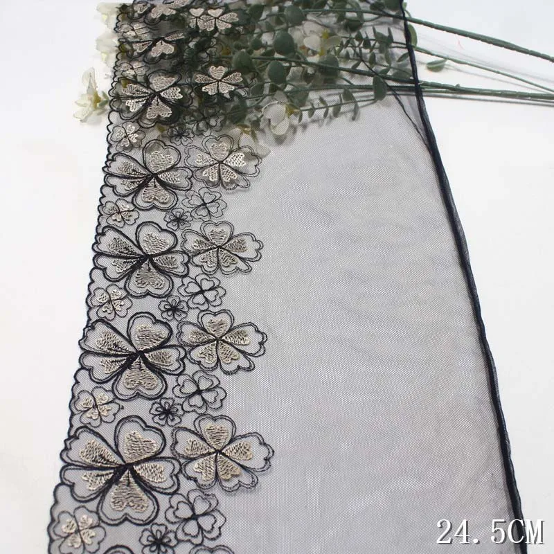 

38 ярдов кружевной тесьмы с цветочной вышивкой, черно-золотые вышитые сердечки, тюлевая кружевная тесьма для украшения детской одежды