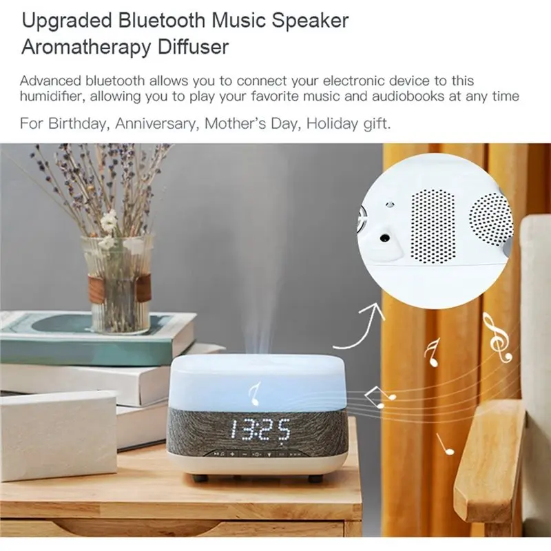 【OFF SHELF】Bluetooth-Compatible Audio Clock EU Plug Essential Oil Aroma Diffuser Ultrasonic Air Humidifier Mist Maker With Night