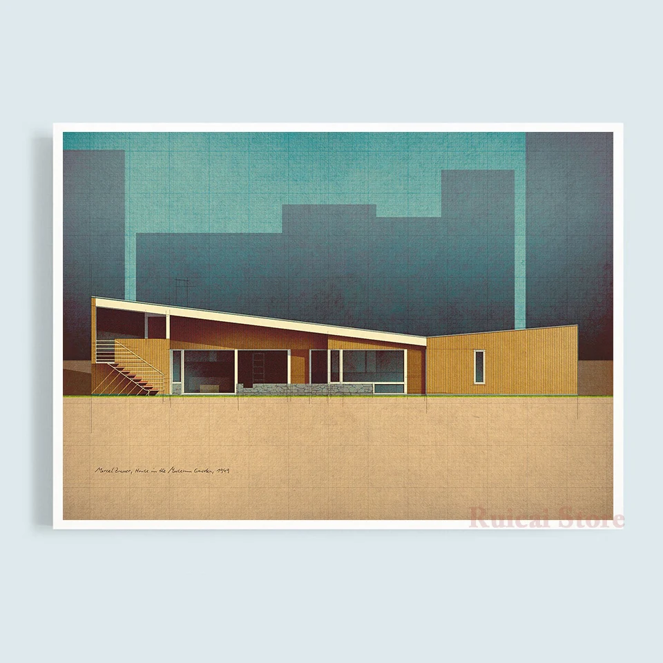 Canvas Poster Marcel Breuer House in the Museum Center 1949 Drawing Print Modern Wall Art Vintage Building Blueprint Painting