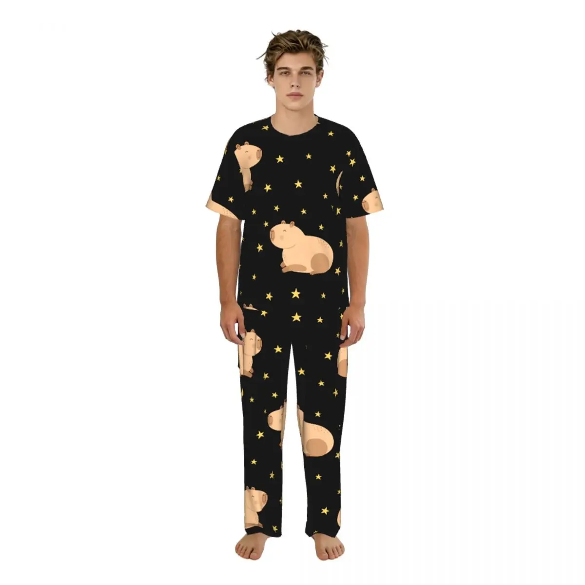 

Men's Casual Pajamas Sets Short Sleeve and Pants Sets Male Sleepwear Capybaras And Stars Home Clothes