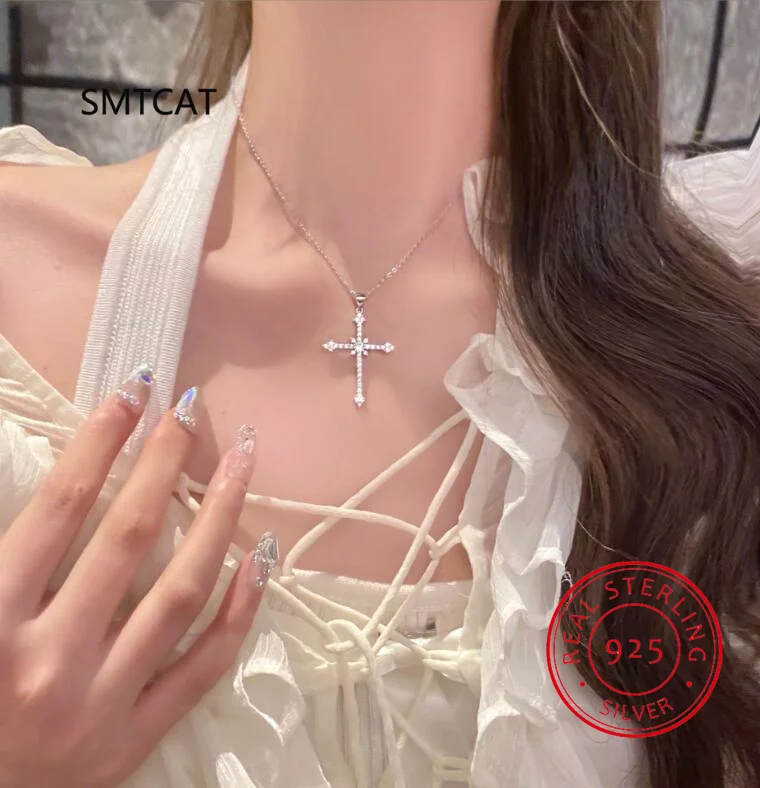 S925 Silver Christian Religious Cross Pendant Necklace 0.9Ct Moissanite D VVS Color Pendant Fine Jewelry Gifts