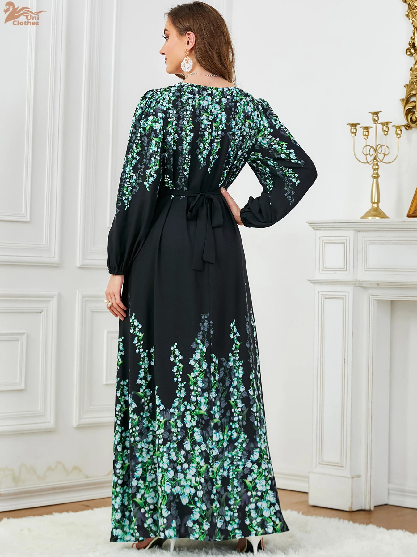 Uni Floral Print Muslim Dresses With Long Sleeves Crew-Neck Dubai Islam Turkey Arab Elegant Luxury Evening Clothing 2024