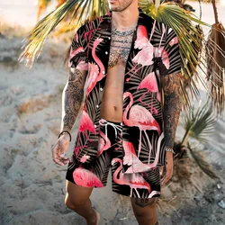 Camisetas hawaianas + Pantalones cortos para hombre, trajes de 2 piezas, estampado de flamenco 3D, conjuntos de camisas de playa para vacaciones, ropa informal de gran tamaÃąo