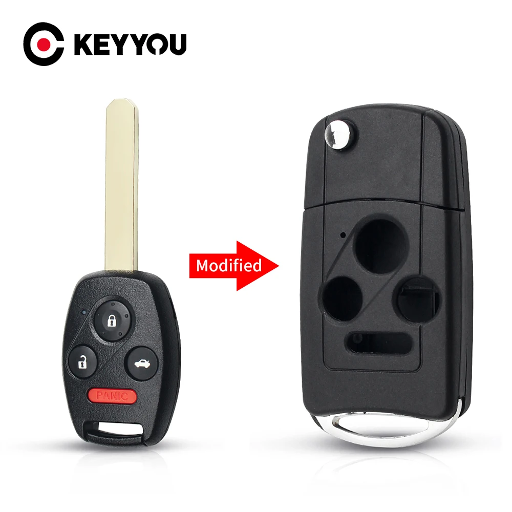 

KEYYOU 10X 3 Button + Panic Remote Flip Key Shell for Honda Accord Civic Pilot CR-V Modified Key Case 4 Button