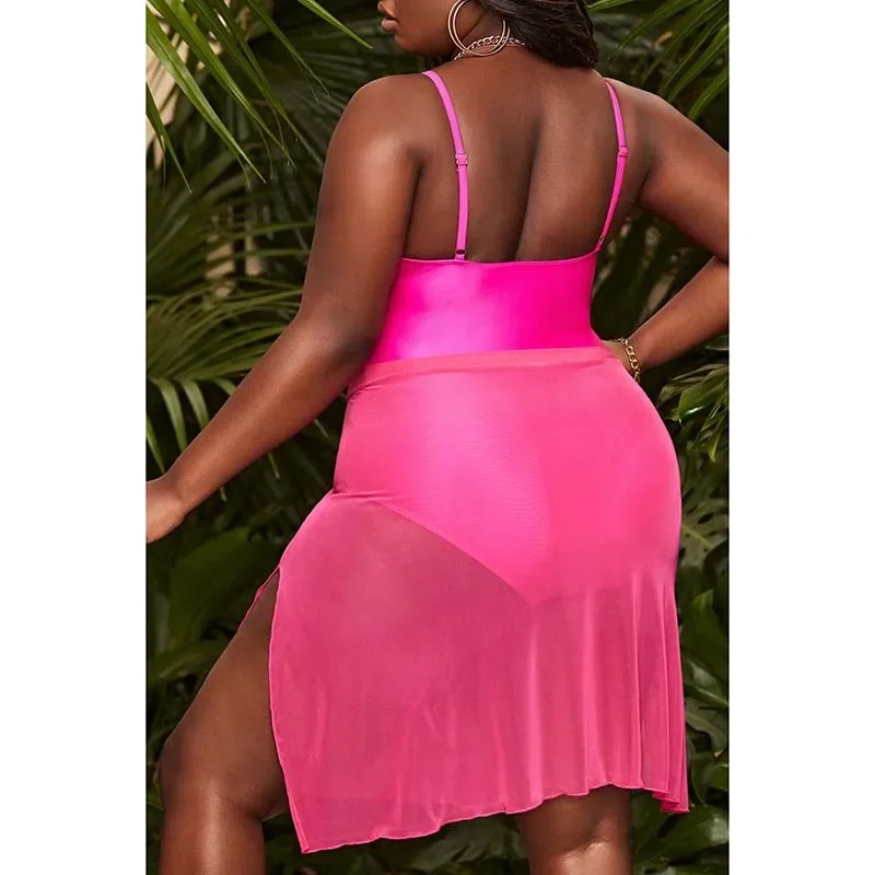 Plus Size Women's Pink Solid Color Suspender Summer Sexy One-Piece Swimsuit купальник 2022 новинка