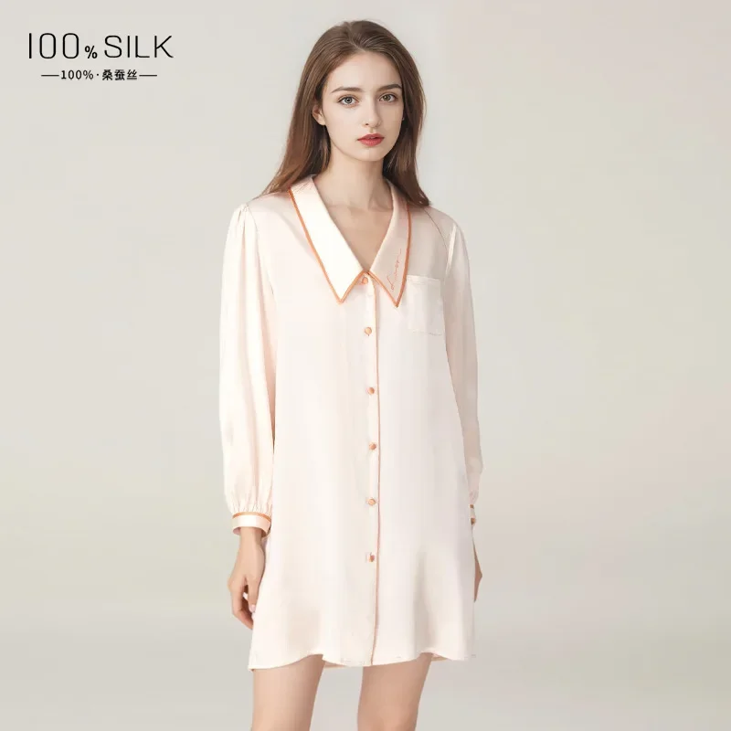 Summer Sexy Woman Chemise Nightgown 100% Mulberry Silk Short Cardigan Nightgowns Long Sleeve Nightdress Button Down Pajama Dress