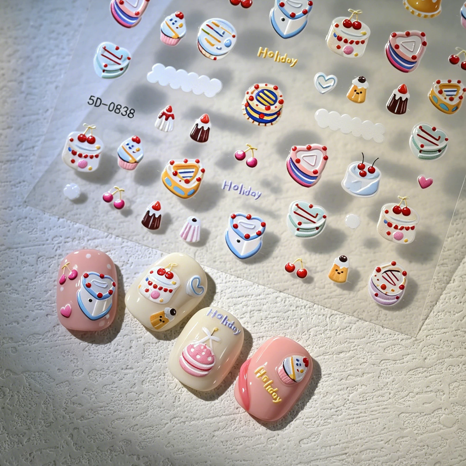 Autocollants 5D Mignons pour Ongles en Forme de Gâteau Dessert, Décorations 3D de Dessins Animés, Cerises Sucrées, Chocolat, Crème, Gâteau, pour Fêtes d'Anniversaire, Fournitures DIY pour Nail Art