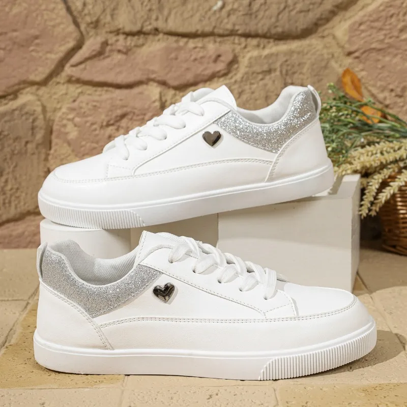 Women's White Glitter Heart Sneakers - Lace-Up Low Top Casual Walking Shoes with Silver Trim for Daily Wear view 6