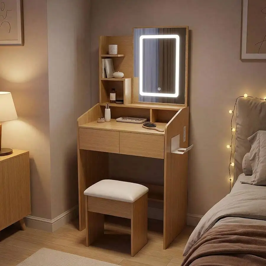 LED Makeup Vanity Set With USB Charging Ports, Wood Dressing Table, 3-Color Touch LED Mirror, 2 Drawers & Open Shelves, Stool, F
