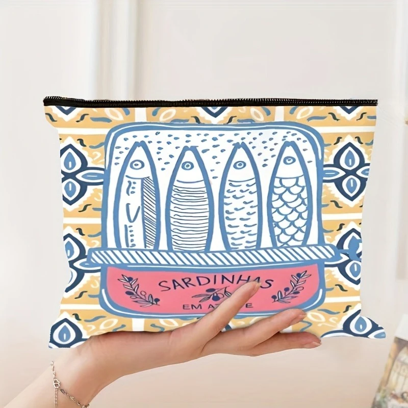

Sardine Vintage Cosmetic Bags Travel Organizer Pouch Zippered Makeup Bag With Sardine Illustrations Foldable Toiletry Pouch