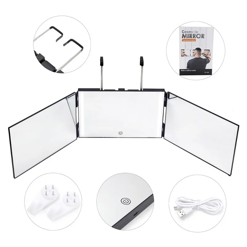 Haircut mirror LED three-sided folding mirror telescopic hanging tri-fold hair rearview shaving mirror