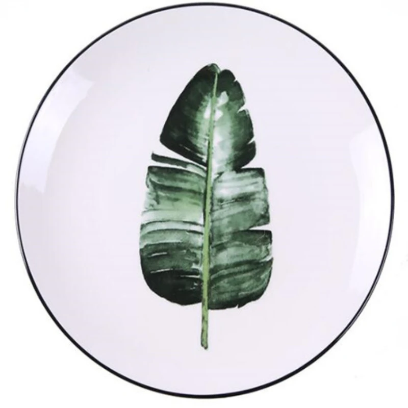 

8 inch Green Plants Ceramic Plates Dinner Porcelain Dessert Plate Beef Dish Fruit Plate Cake Tray Food Ceramic Tableware 1pc