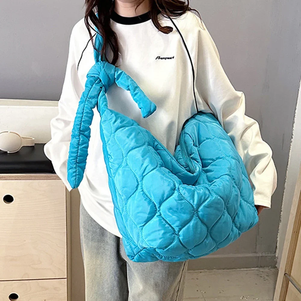 Large Capacity Quilted Women Shoulder Bag Nylon Cotton Padded Hobos Tote Bags for Women Candy Color Ruched Cloud Crossbody Bag