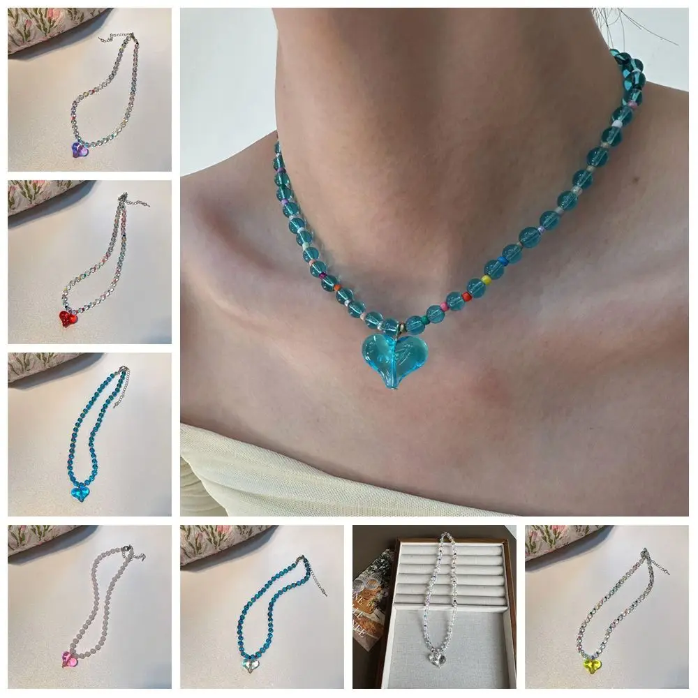 

Retro Korean Style Transparent Love Heart Necklace Beaded Princess Y2K Choker Resin Letter Clavicle Chain Decoration