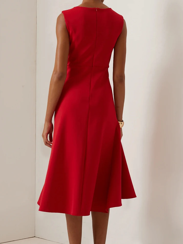 فستان نسائي صيفي أنيق بدون أكمام للعطلات، فستان حفلات بسيط برقبة دائرية، موضة 2025 فستان أنيق غير رسمي للسيدات