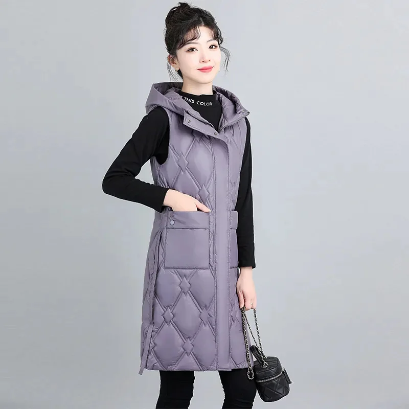 Novo outono inverno feminino para baixo colete de algodão jaqueta nova com capuz meados longo sem mangas jaqueta feminina casual topos chaleco mujer