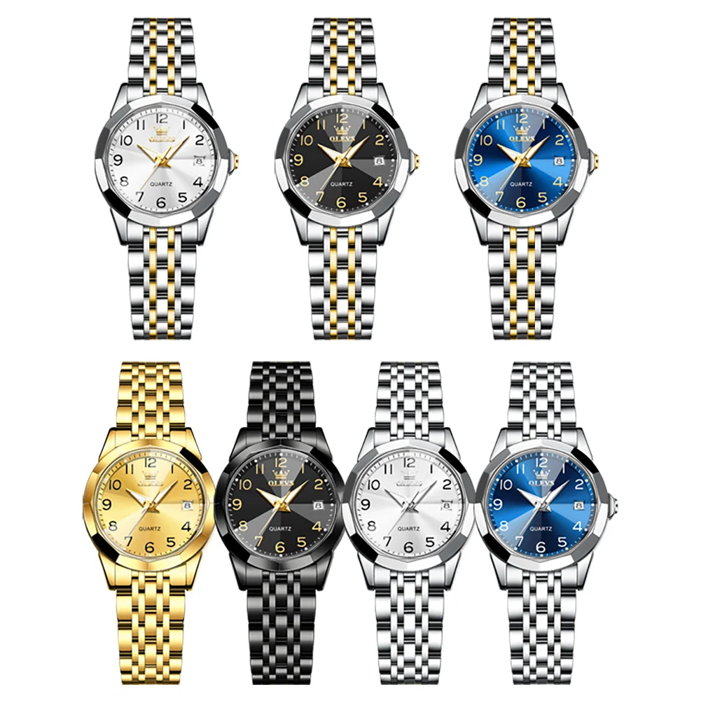 OLEVS Quartz Watch for Women Rhombus Mirror Number Dial Solid Stainless Steel Waterproof Date Elegant Luxury Original Hand Clock