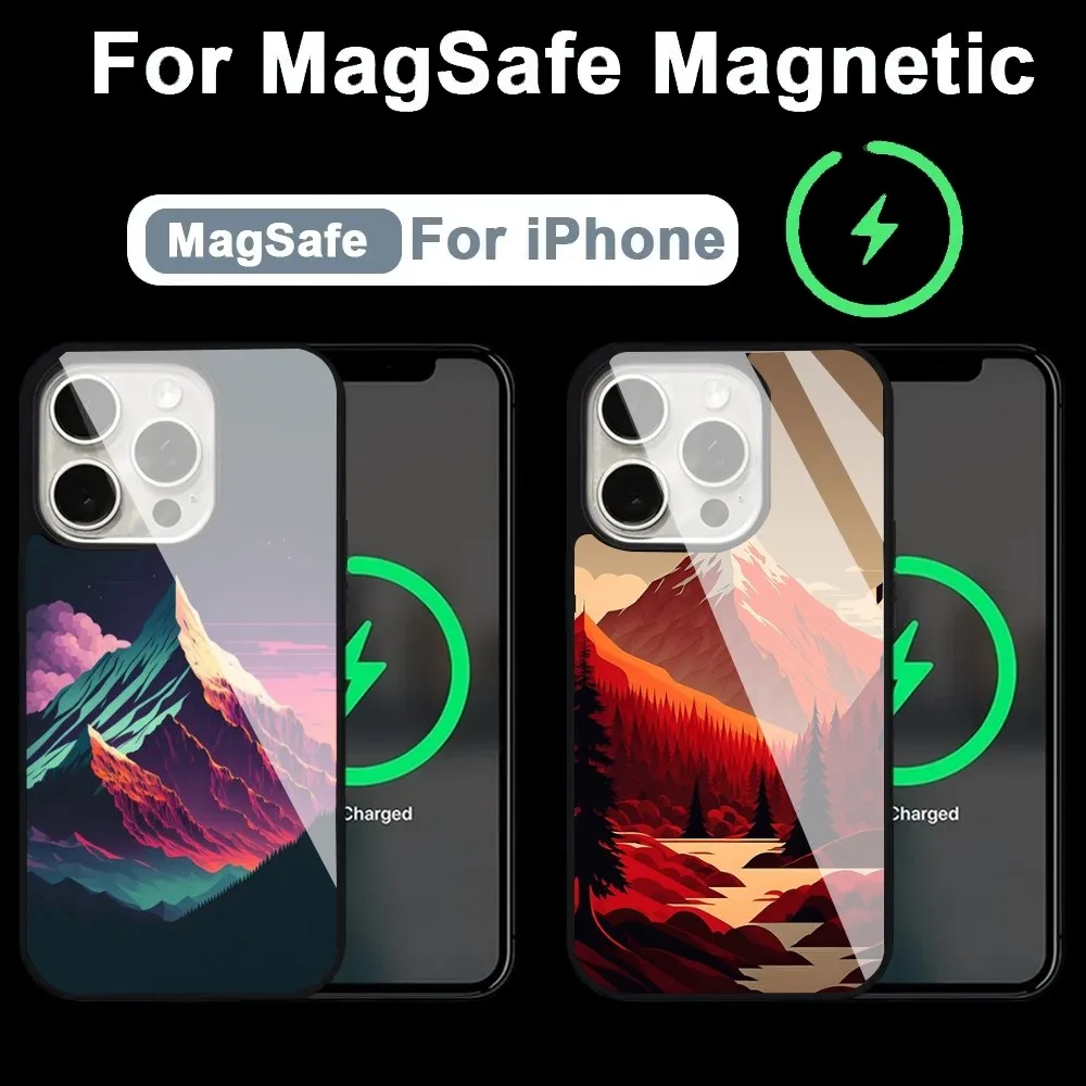 Aesthetic Art Hand Painted Mountain Scenery Phone Case Alex Mirror For Magsafe Wireless Charging Caver For IPhone 14 15 16 Pro M