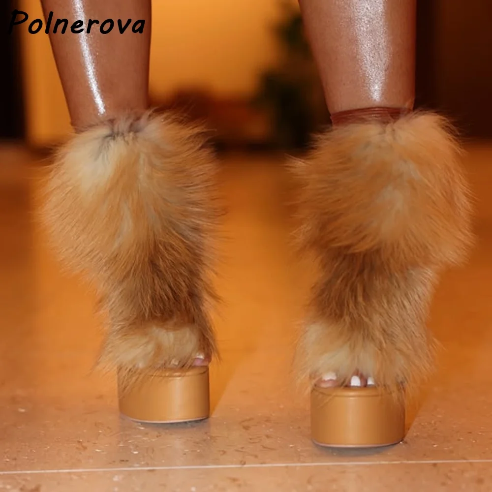 Fur Trim Extreme Platform Sandals Thin Heels Women Tan Lace Up Peep Toe Party Shoes Ankle Band Summer Elegant Stiletto Shoes