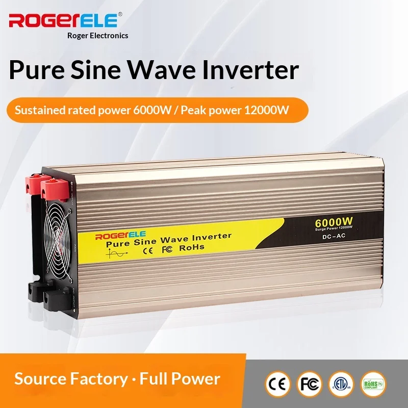 6000W Pure Sine Wave Inverter, 24V 48V to 220V, Outdoor Power Converter with Intelligent Cooling Fan