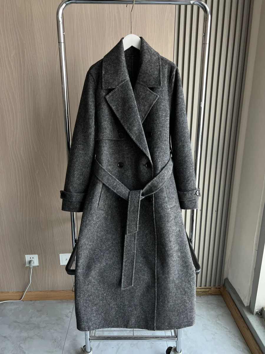 

ETJ 2025 Spring new women's hand-made wool blend dark grey suit collar double breasted belt long double-face wool coat
