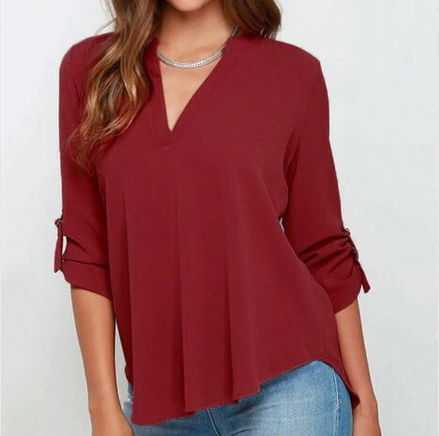 Blusa de gasa de manga larga con cuello en V para mujer, camisa femenina a la moda, talla grande, S-5XL