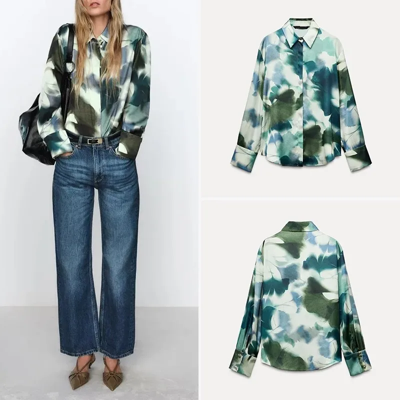 

Spring 2025 Women's Long Sleeve Silk Satin Feel Printed Shirt Stand Collar Polyester Fiber Quality Fashion Ladies' Blouse