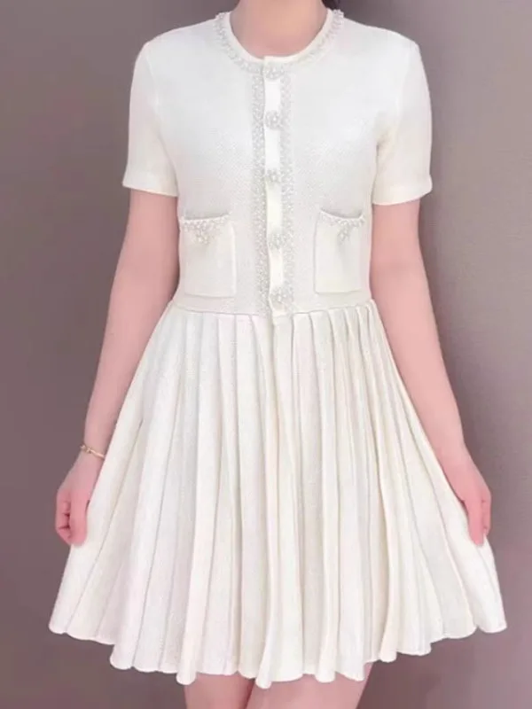 

Quali Lightweight SP Pearled Pleated Knitted ort Dr round Ne ort Sve Women's Skirt Summer Faion A-Line