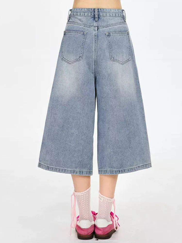 Blue Women's Heart Applique Denim Capri Pants Streetwear High Waist Wide Leg Straight Loose Calf-Length Jeans With Pocket