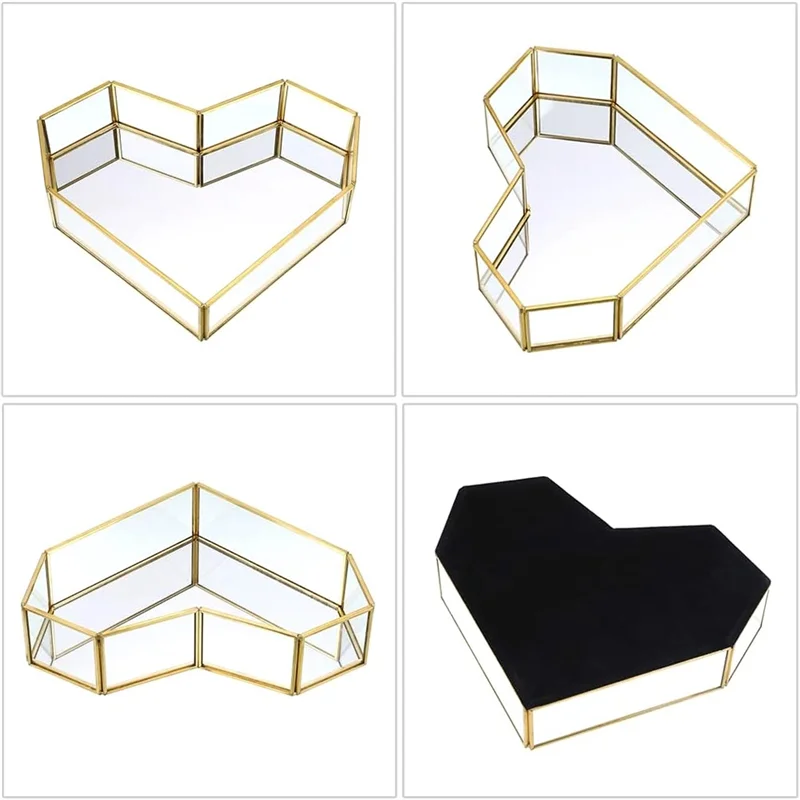 

A89Q-Vintage Mirror Vanity Tray Cosmetic Makeup Tray Ornate Dresser Tray Heart-Shaped Geometrical Jewelry Trinket Holder Box