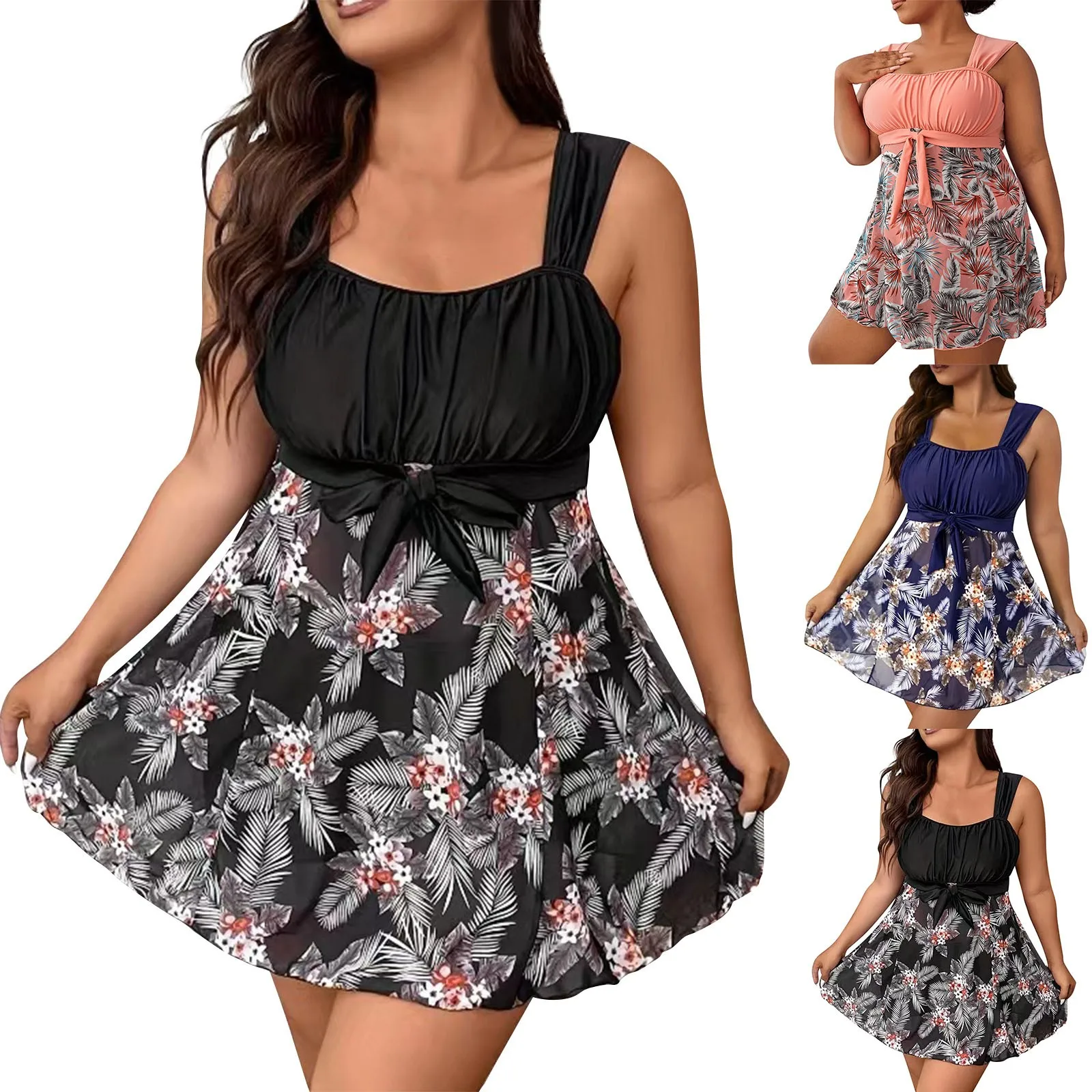 5XL Plus Size Swimdress High Waist Women Swimwear Push Up Bikini Flower Printed Beach Swimsuit Bathing Suit Women Chubby Tankini