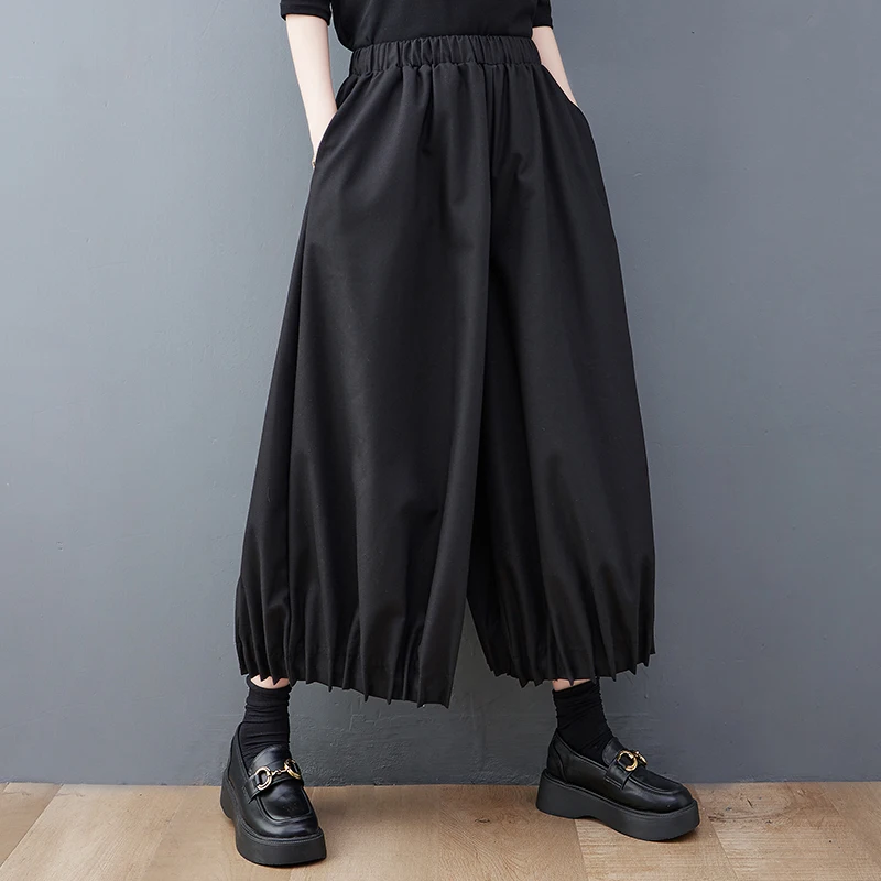 Taille haute pantalon à jambes larges couleur plissée grande taille femmes taille ample grandes cuisses pantalons décontractés automne trajet Sle