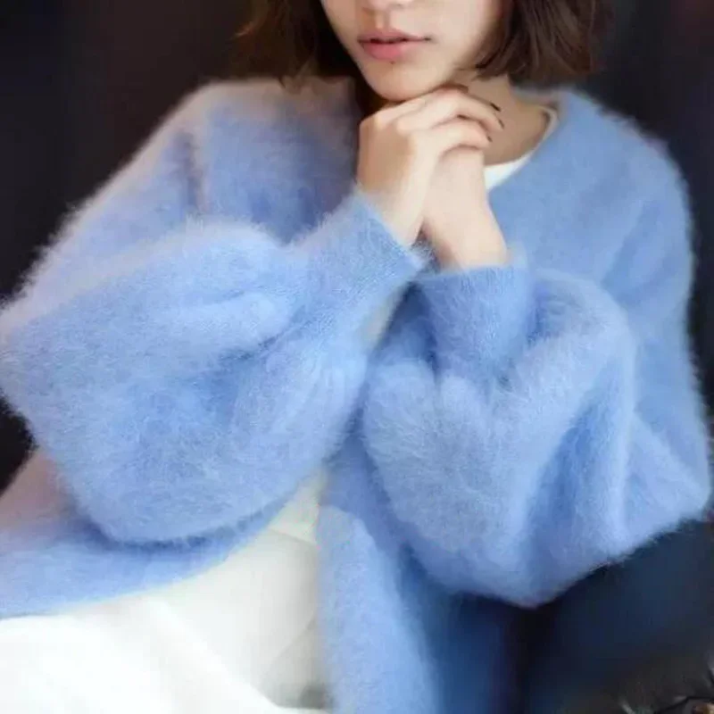 

Soft Hairy Mohair Jacket Sweet Long Lantern Sleeved V-neck Knitted Cardigan Imitation Cashmere Sweater Coat Faux Mane Fur Tops