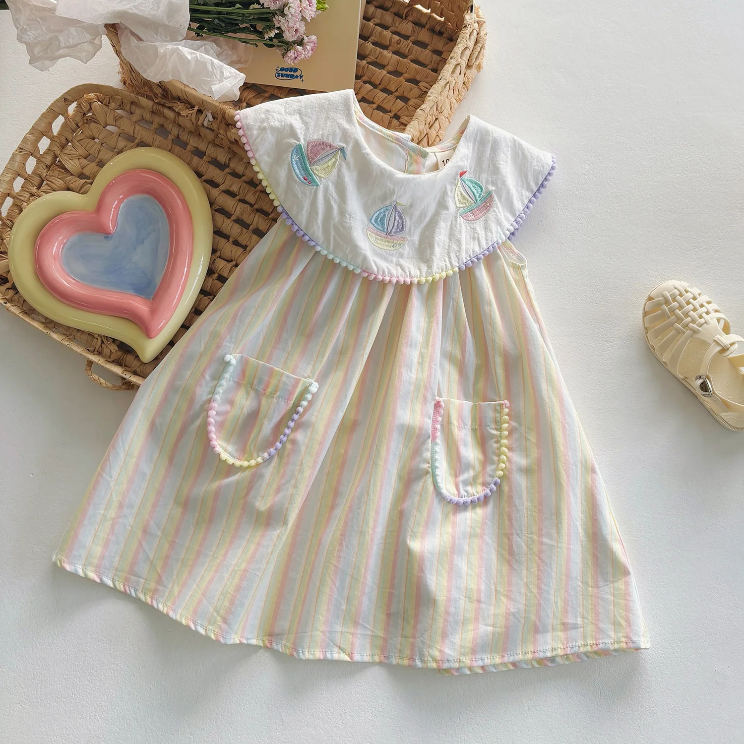 Girls' Dress 2025 Summer New Colorful Sailboat Embroidery Navy Style Striped Sleeveless Campus Style Children's Dress