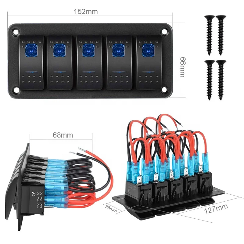 5 Gang Aluminum Rocker Switch Panel Toggle Dash 5 Pin ON/Off Pre-Wired Rocker Switch Blue Backlit Switch