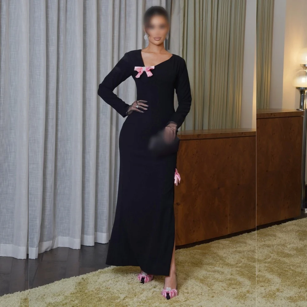 

Customized Formal Evening Dress Pink Bows Chic V-neck Trumpet Black Midi Dresses Bespoke Occasion Elegant Party High Quality