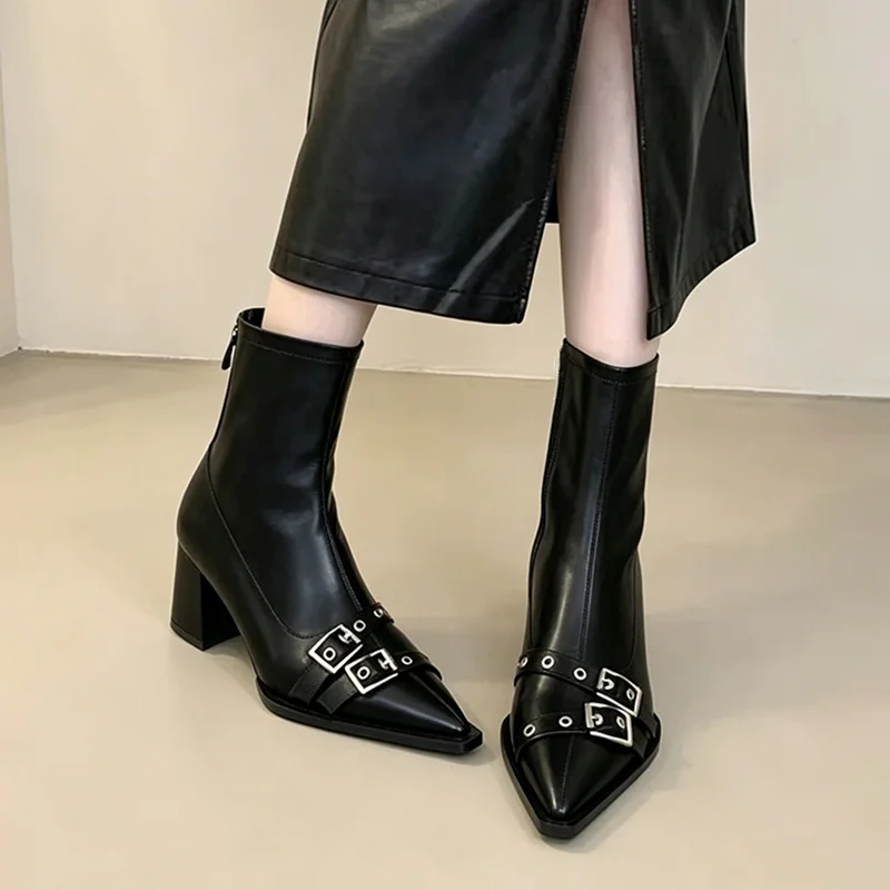 Pointed Toe High Heel Black Pu Leather Ankle Boots Women 2026 Winter Punk Metal Belt Buckle Chelsea Boots Woman's Short Booties