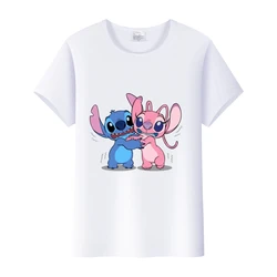 Kawaii Disney Cartoon Blouses Lilo Love Stitch Tops Fashion Summer Loose T-shirts White Shirt Child Tees Woman 2000s Clothes Y2k