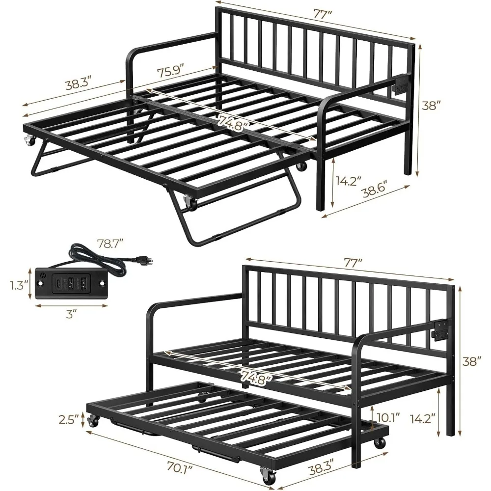 Daybed with Charging Station and LED Lights Height Adjustable Twin Daybed w/ Trundle Metal Sofa Bed Frame w/ Steel Slat Support