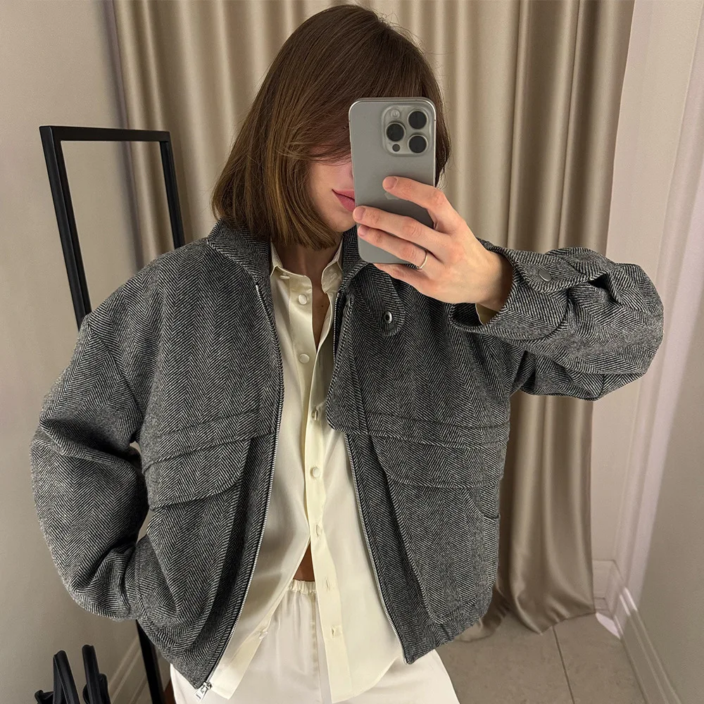

Autumn Grey Women's Woolen Jacket Plaid Stand Collar Patchwork Zipper Fly Cropped Coat For Lady Daily Commuter Female's Outwear