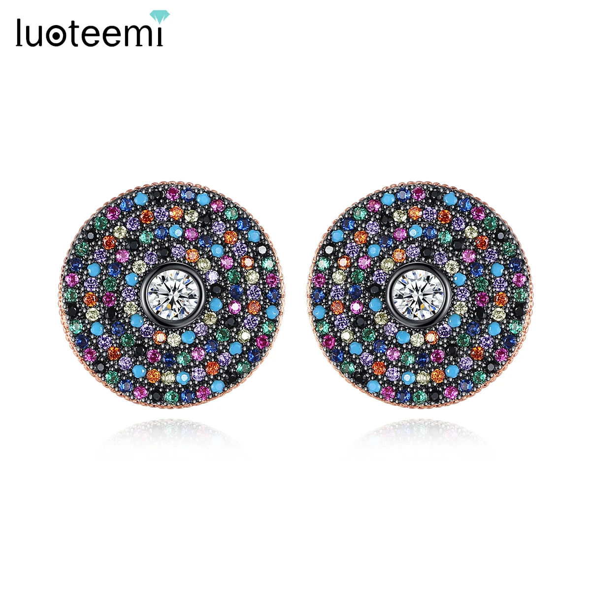 

LUOTEEMI Retro Colorful Round Stud Earrings for Women Gothic AAA Rainbow Cubic Zircon Double Color Chic Fashion Christmas Gift