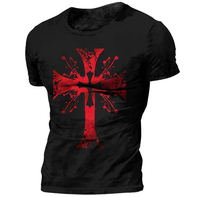 Vintage Knights Templar T Shirt For Men 3d Printed Jesus Christ Crucifix Men's Tshirt Oversized Short Sleeve Tops Tee Shirt Man