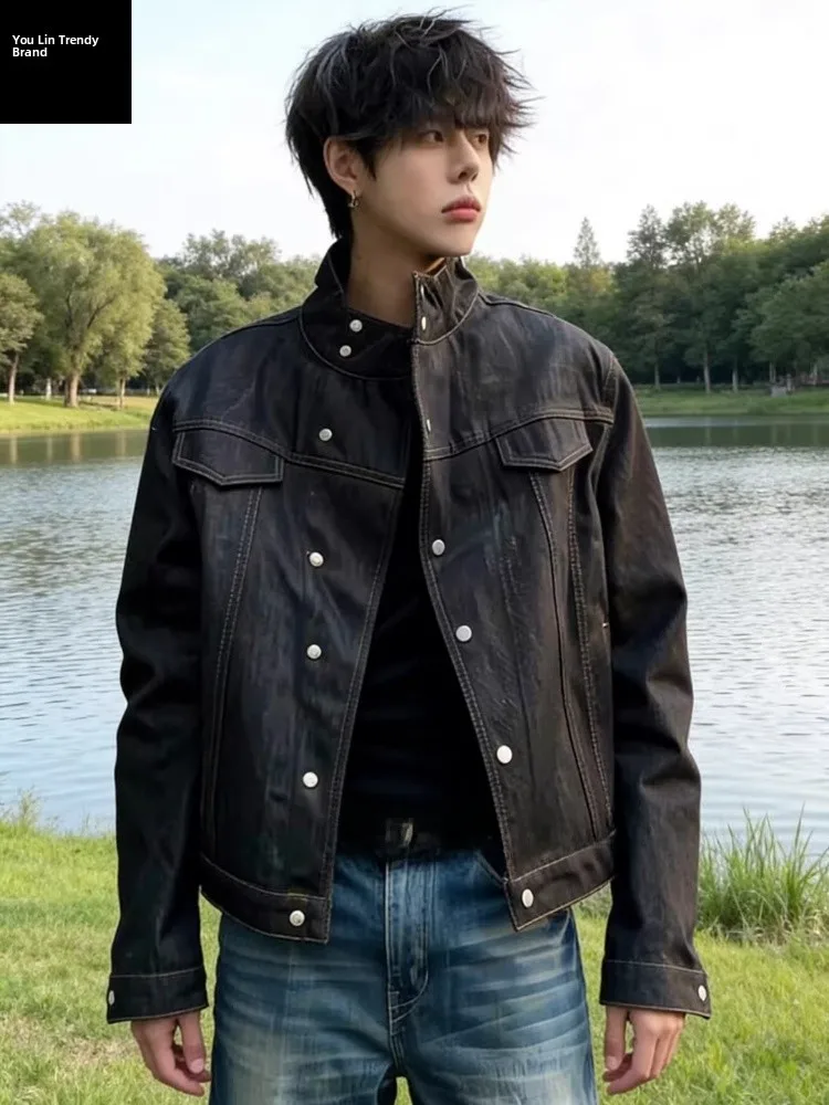 

Retro American Bla Original Denim Jaet Men's Spring Design Oblique Collar Baseball Sle Loose Fit Decorative Stitching
