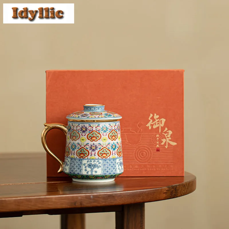 

400ml Enamel Colored Filter Tea Separator Cup Japanese Tea Mug With Infuser Tea Making Office Water Cup Teaware Ornaments Craft